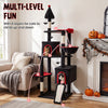 Gothic cat tree with black-and-red design, featuring 6 layers, 2 condos, and a top perch for large cats up to 22 lbs.