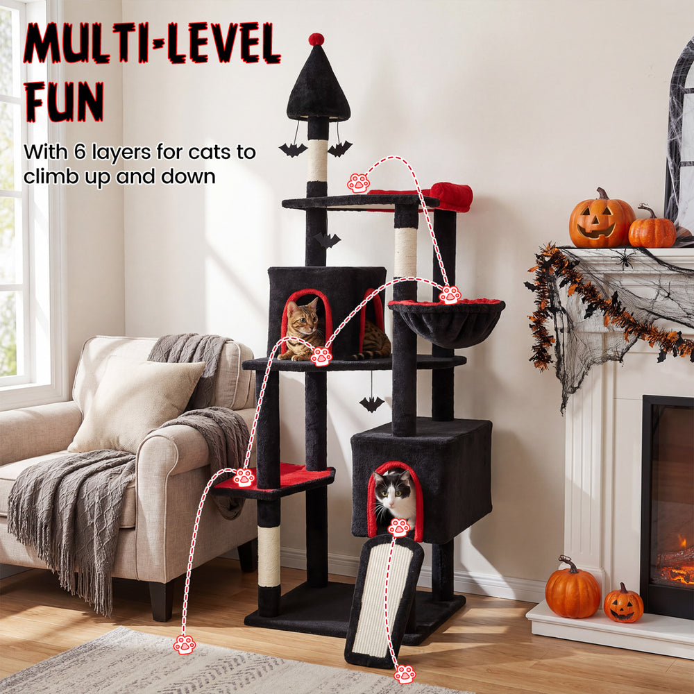 Gothic cat tree with black-and-red design, featuring 6 layers, 2 condos, and a top perch for large cats up to 22 lbs.