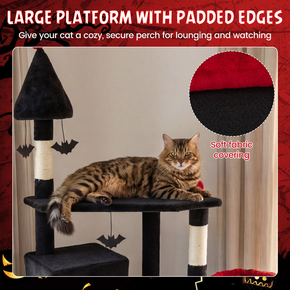 Large black-and-red cat tree with padded perch, ideal for lounging and watching, supports cats over 20 lbs.