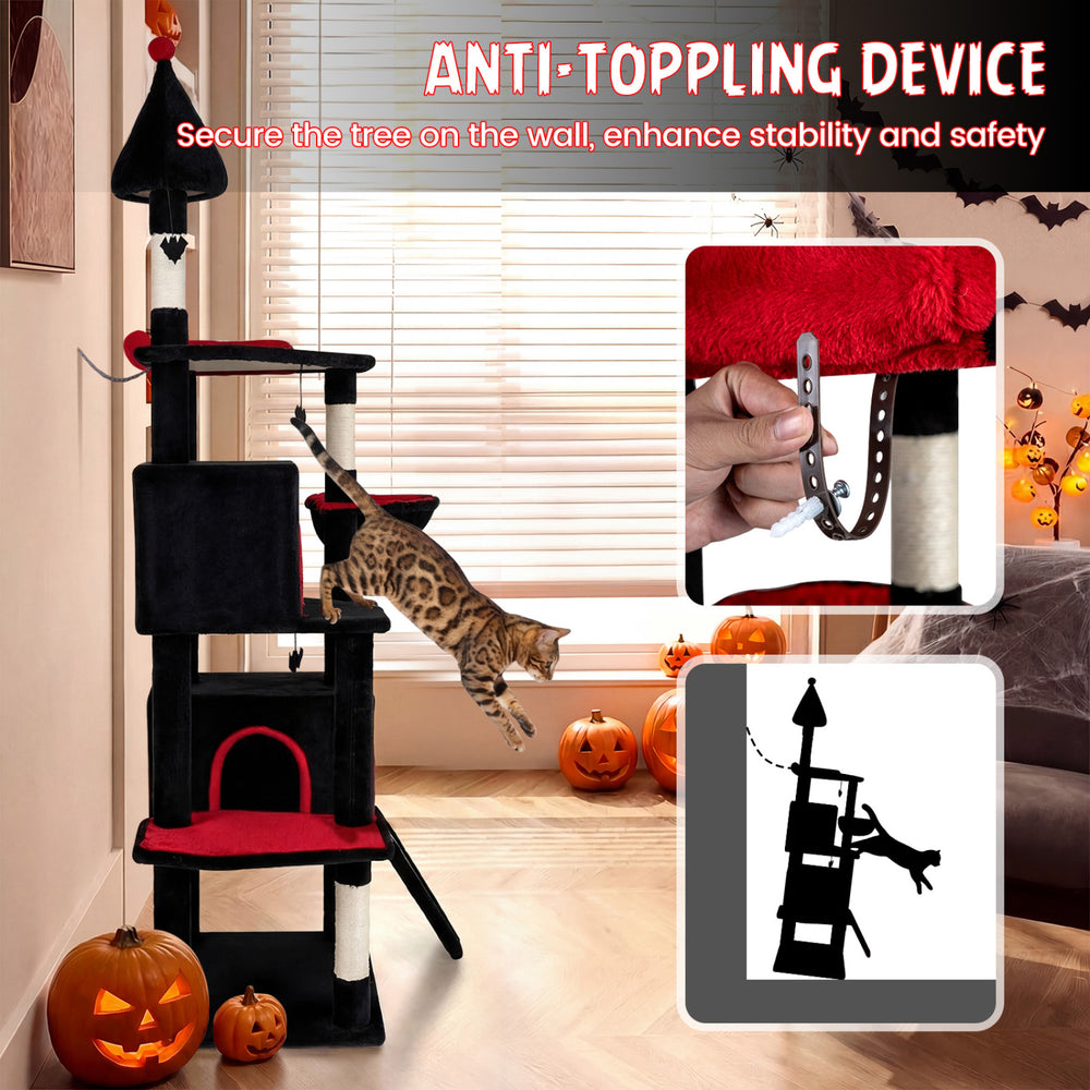 Gothic cat tree with black-and-red design, featuring 2 condos, top perch, and anti-tipping device for large cats.