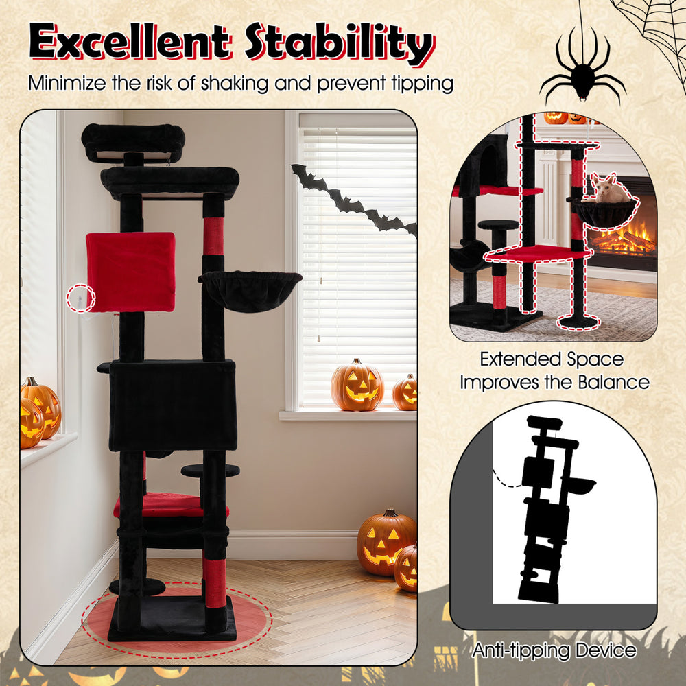 Gothic cat tree features 2 plush perches, spacious cat houses, and anti-tipping device for indoor cat comfort and play.