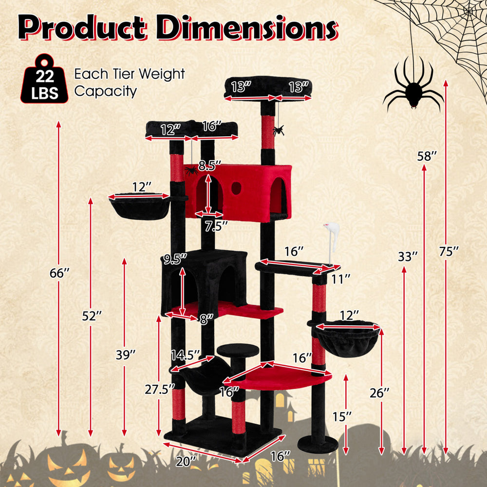 Detailed dimensions of the 75 Inch Gothic Cat Tree, featuring multiple perches, cat houses, and scratching posts.
