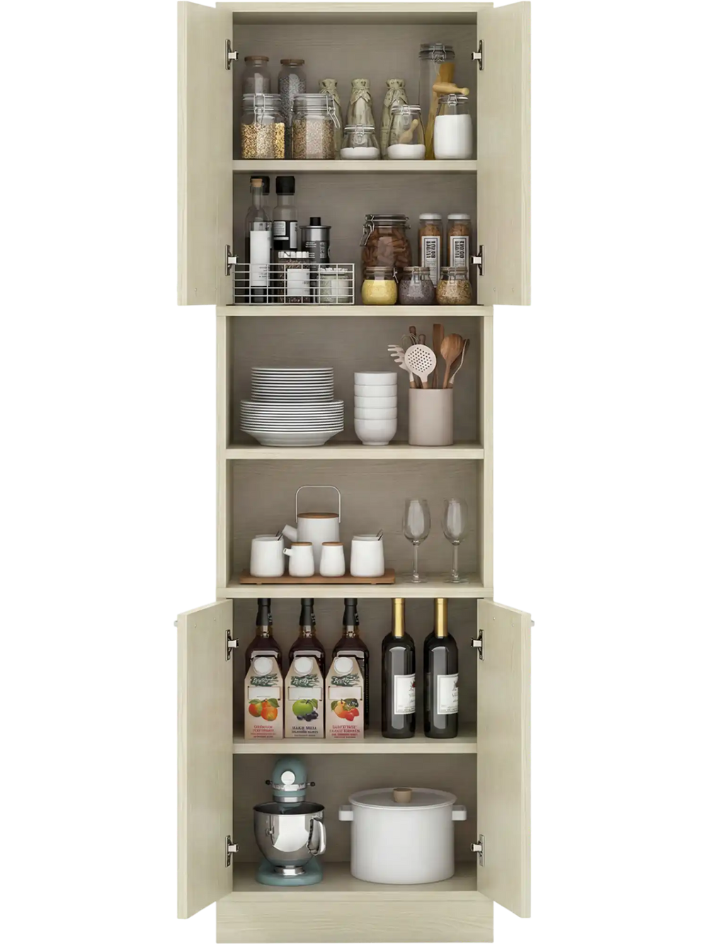 75-inch beige kitchen pantry cabinet with doors and shelves, showcasing organized storage for dishes and beverages.