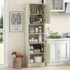 Tall beige kitchen pantry cabinet with doors and shelves, perfect for organized storage in your kitchen.