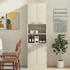 Tall beige kitchen pantry cabinet with doors and shelves, perfect for organizing kitchen essentials and diningware.