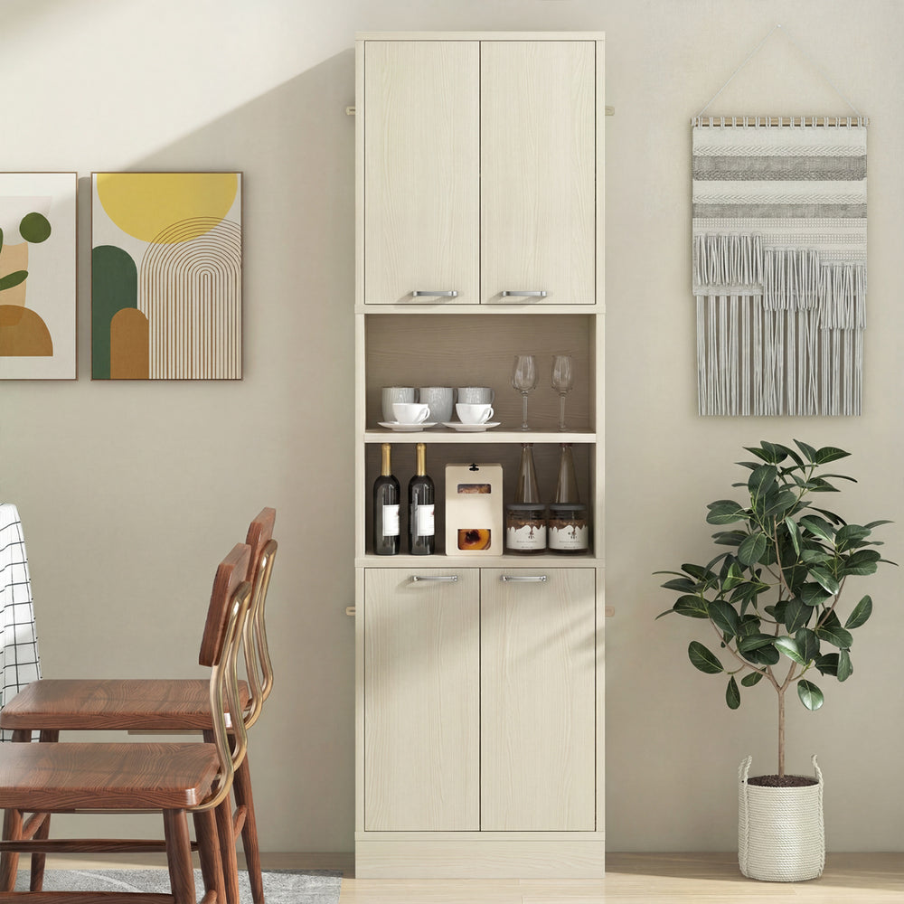 Tall beige kitchen pantry cabinet with doors and shelves, perfect for organizing kitchen essentials and diningware.