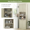75-inch beige kitchen pantry cabinet featuring double-door cabinets and outer open shelves for organized storage.