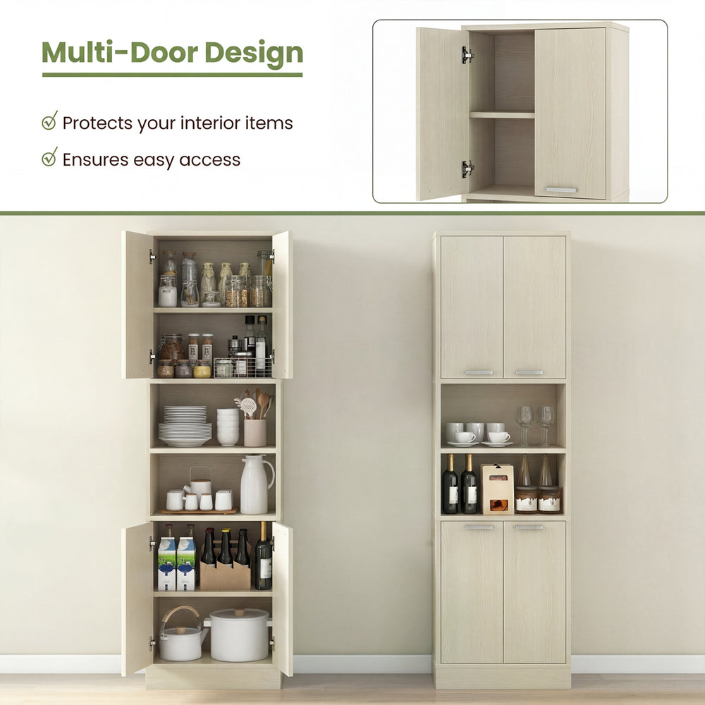 75-inch beige kitchen pantry cabinet with multi-door design, featuring shelves for organized storage and easy access.