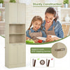 Tall beige kitchen pantry cabinet with doors and shelves, featuring sturdy construction and anti-toppling devices.