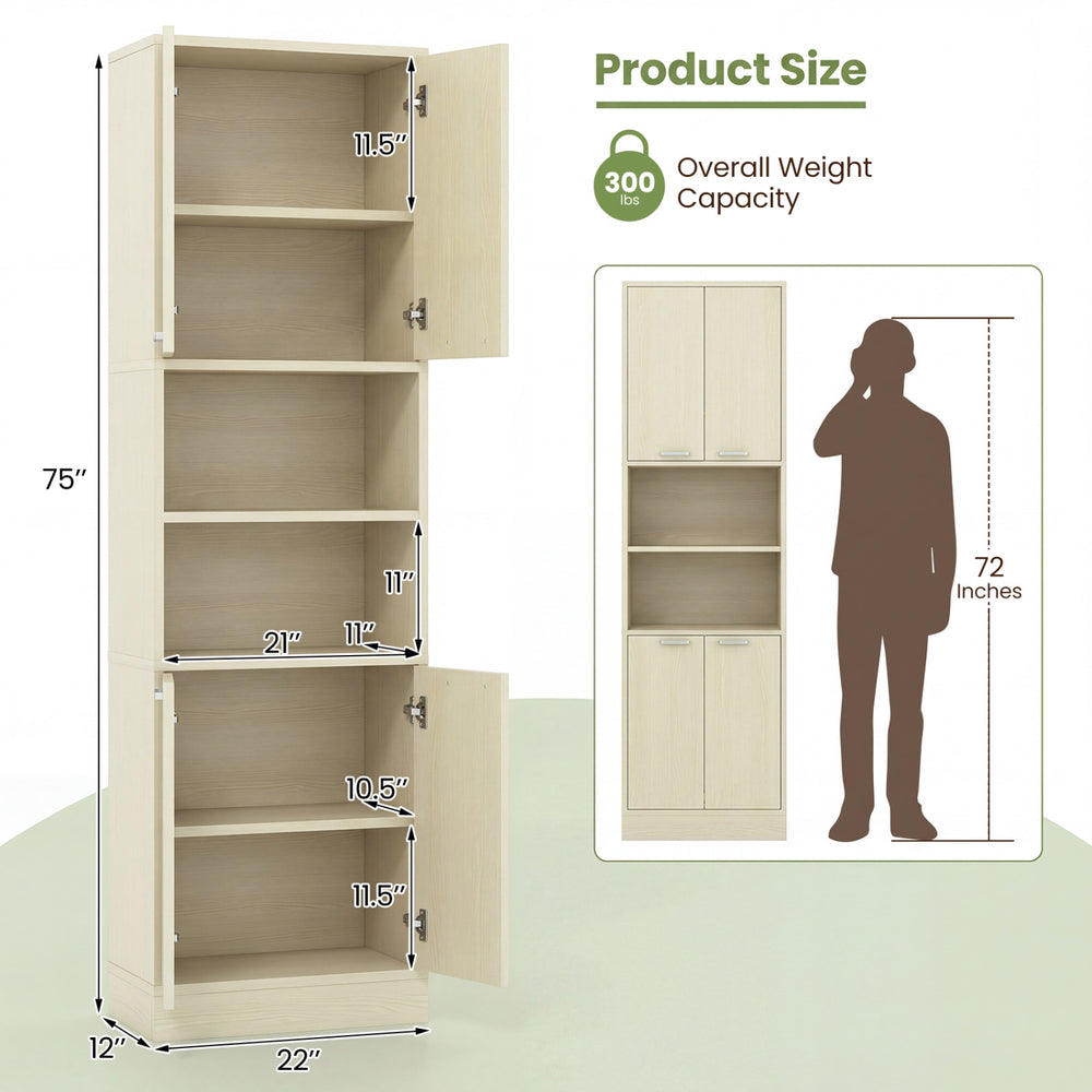 75-inch beige kitchen pantry cabinet with doors and shelves, featuring ample storage space and a 300 lbs weight.