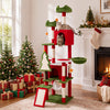 Multi-level 75-inch tall Christmas cat tree tower in red with two large condos, scratching posts, and cozy perches for cats.