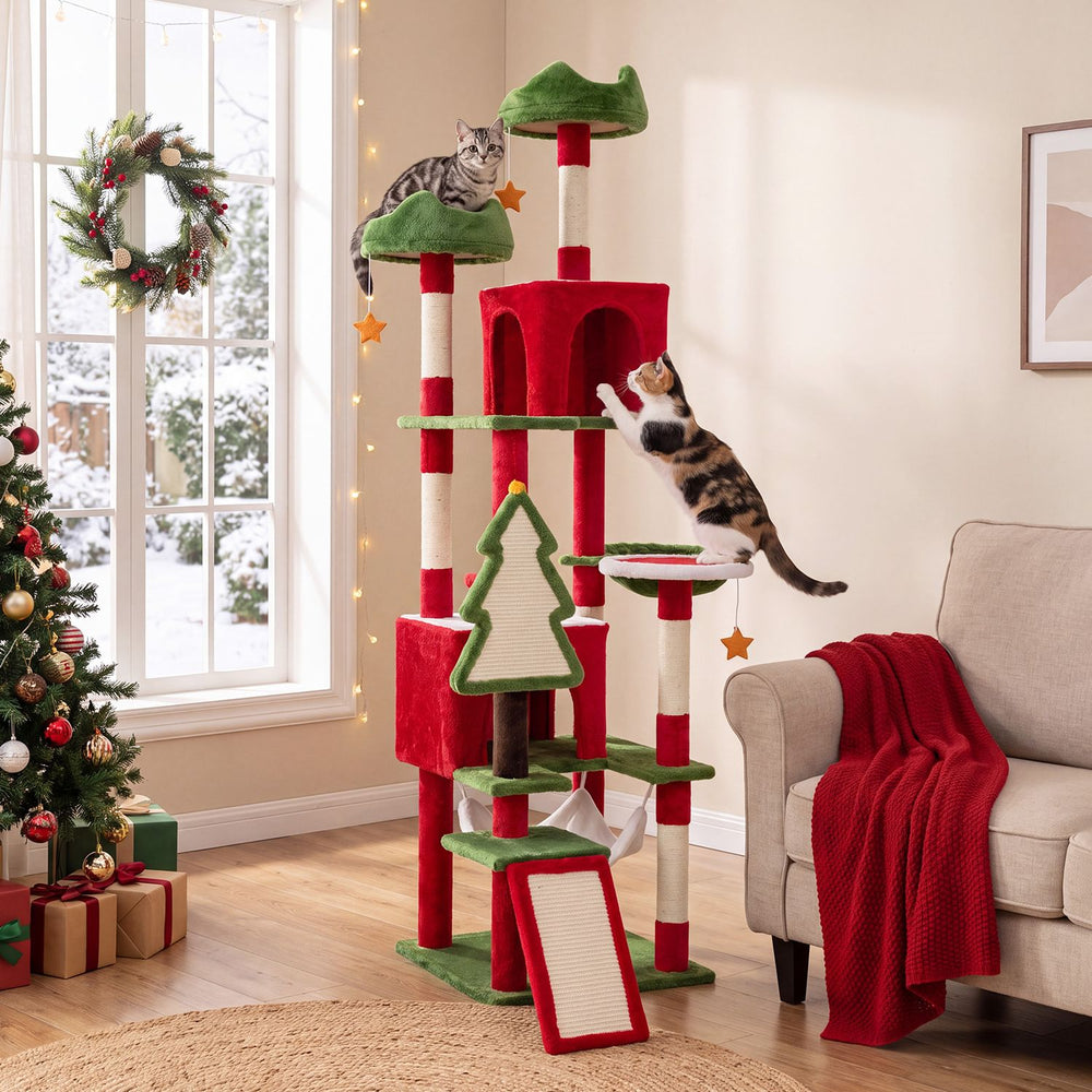Large Christmas cat tree tower features a cozy hammock, scratching ladder, and festive design perfect for playful cats.