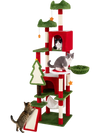 Multi-level 75-inch tall Christmas cat tree tower in red with large condos, scratching posts, and cozy perches for playful cats.