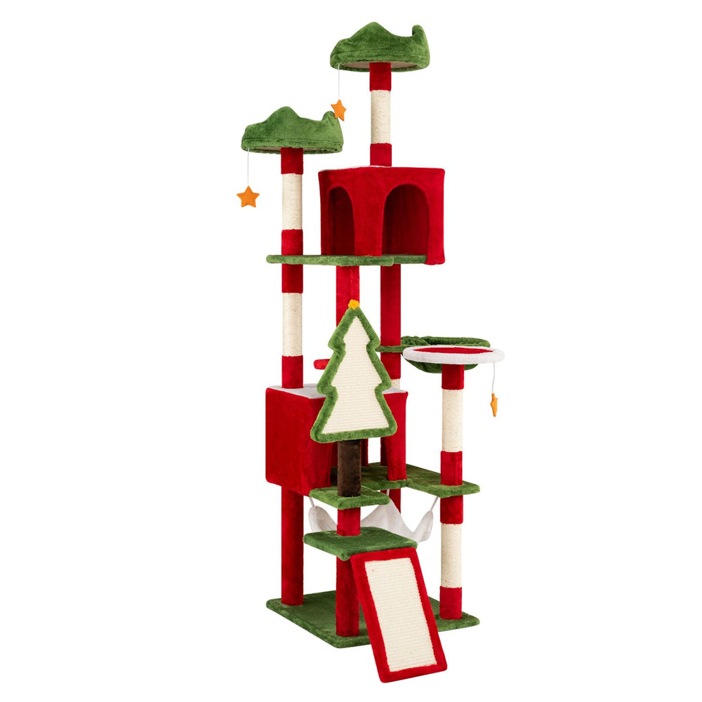 Multi-level 75-inch tall Christmas cat tree tower in red with large condos, scratching posts, and playful hanging stars.