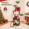 Multi-level 75-inch tall Christmas cat tree tower in red features 2 large condos and playful hanging stars for cats.