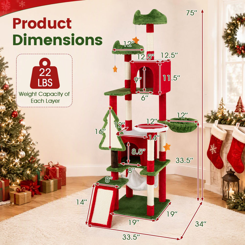 Multi-level 75-inch tall Christmas cat tree tower in red features 2 large condos and playful hanging stars for cats.
