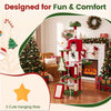 Multi-level 75-inch tall Christmas cat tree tower with soft plush fabric, two large condos, and playful hanging stars.