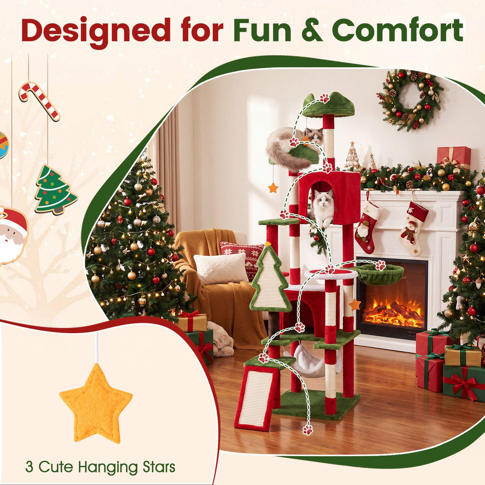 Multi-level 75-inch tall Christmas cat tree tower with soft plush fabric, two large condos, and playful hanging stars.