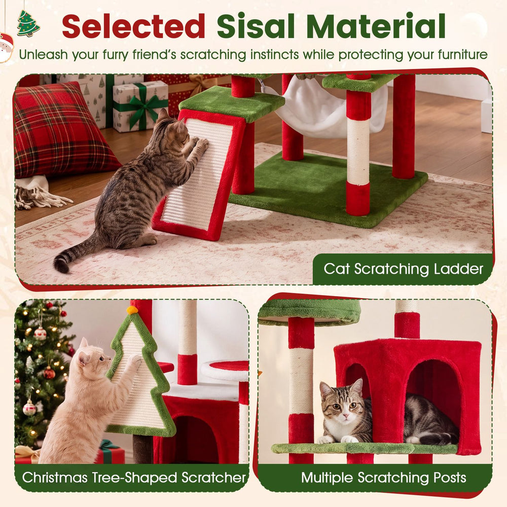 Multi-level 75-inch tall Christmas cat tree tower features two large condos, scratching ladder, and cozy plush fabric.
