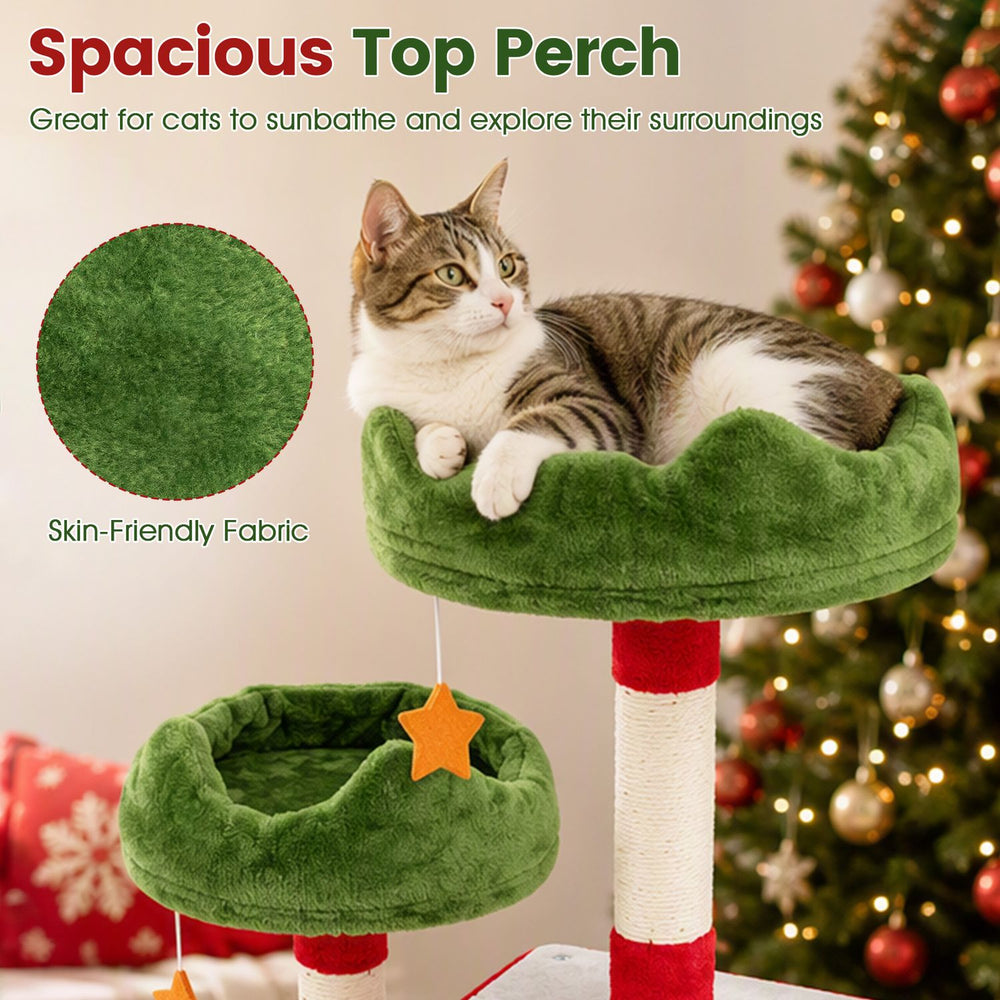 Cozy top perch on a 75-inch tall Christmas cat tree tower, perfect for lounging and sunbathing with playful star accents.
