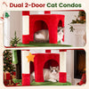 Multi-level 75-inch tall Christmas cat tree features two large red condos, soft plush fabric, and playful hanging stars.