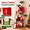 Multi-level 75-inch tall Christmas cat tree tower in red with large condos, scratching posts, and anti-tipping device.