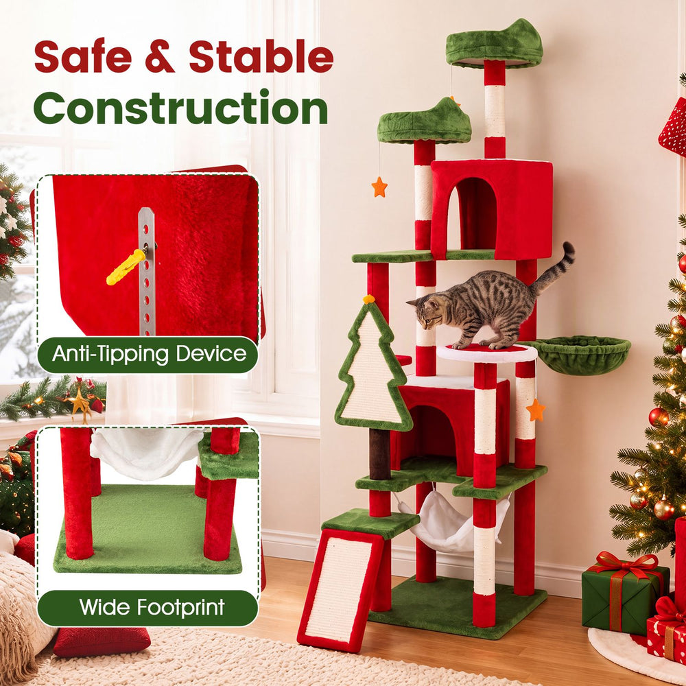 Multi-level 75-inch tall Christmas cat tree tower in red with large condos, scratching posts, and anti-tipping device.