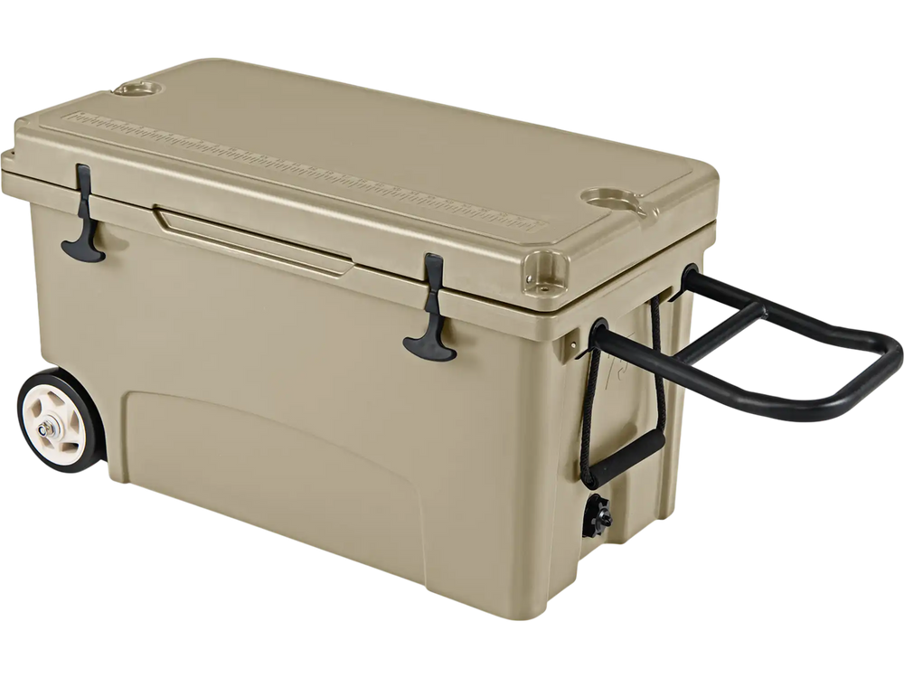 75 quart khaki portable hard cooler with wheels, pull handle, and dual latches, ideal for camping and picnics.