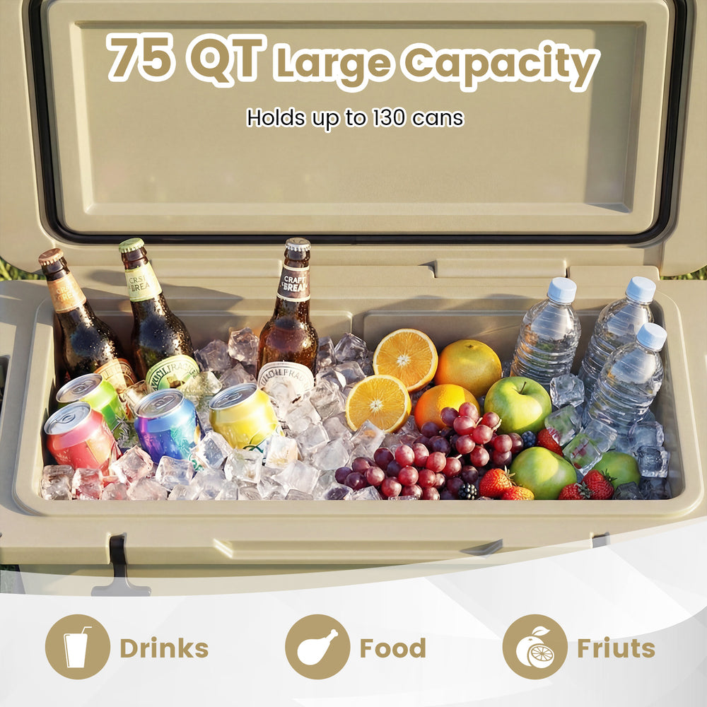 75 QT portable hard cooler in khaki with drinks and fruits, ideal for camping and picnics, featuring 6-day ice.