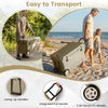 Portable 75 quart hard cooler in khaki with wheels and pull handle, ideal for camping and beach outings.