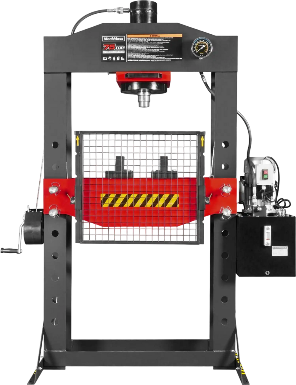 75 Ton H-Frame Electric Hydraulic Shop Press with Hand Winch, 110V Motor, Fully Welded Steel Frame, Safety Guard, HSP75E