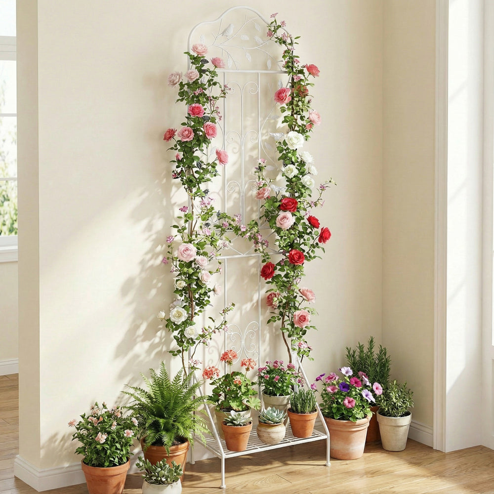 75 x 20 Inch Outdoor Metal Garden Trellis with Foldable Bottom Shelf-White - Gallery View 1 of 10