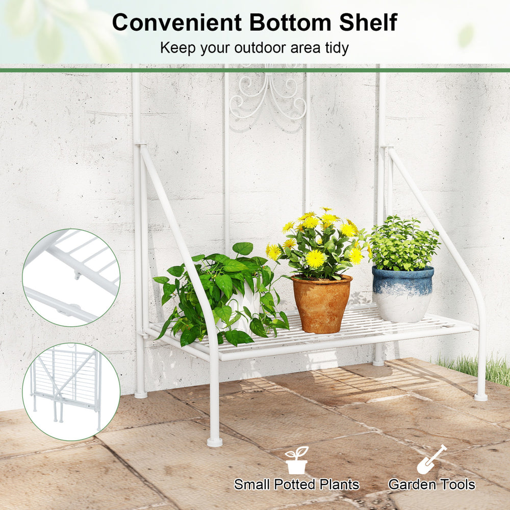 Outdoor metal garden trellis with a foldable bottom shelf, ideal for supporting potted plants and enhancing garden decor.