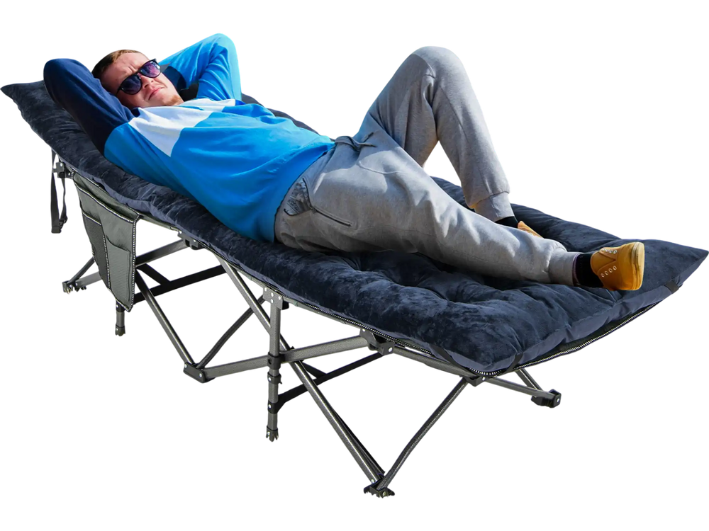 Camping cot pad in navy with soft crystal velvet, providing comfort for lounging outdoors in a stylish checked pattern.