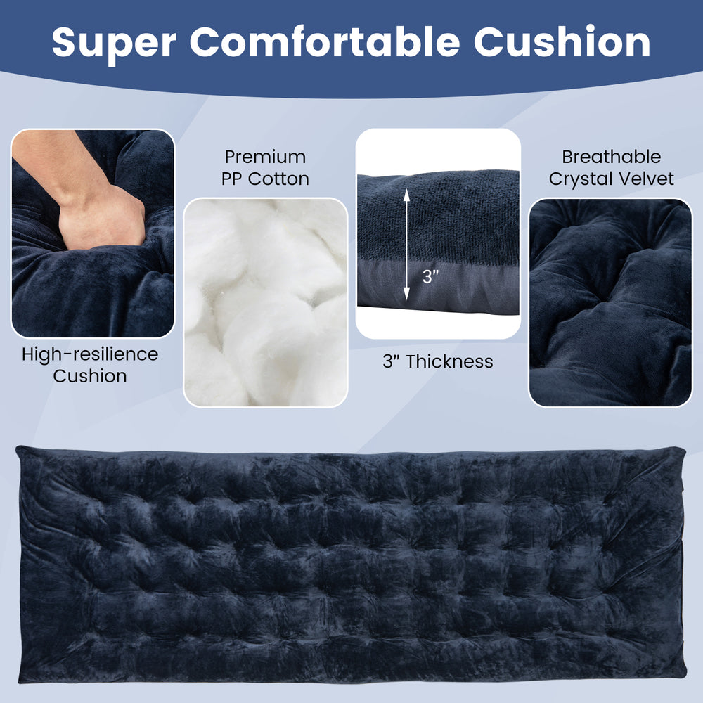 Navy 75 x 27.5 inch camping cot pad with breathable crystal velvet, 3-inch thick cushion for outdoor comfort.