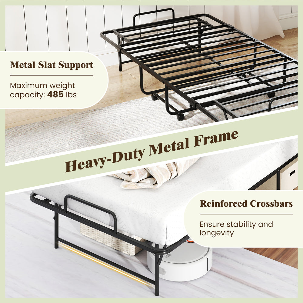Folding bed with heavy-duty metal frame and slat support, ideal for small spaces and easy storage.