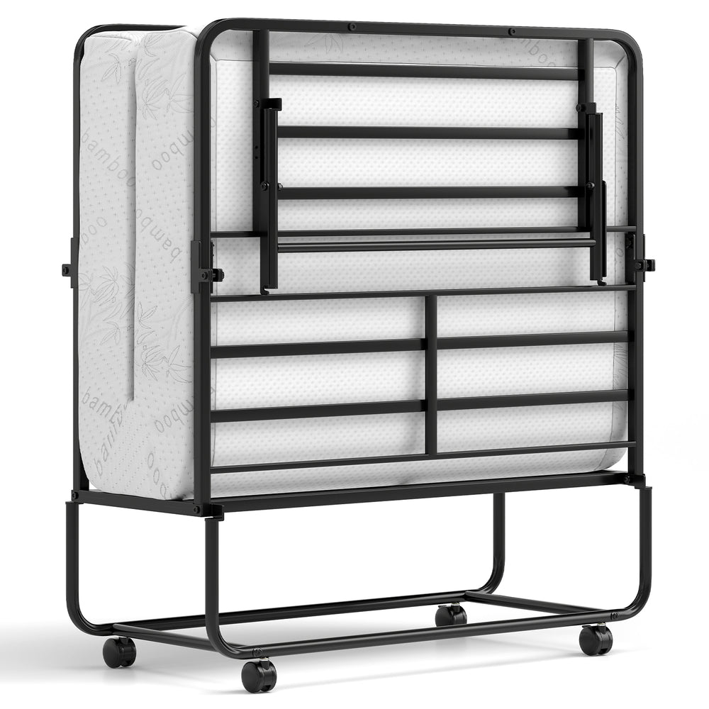Folding twin bed with gel memory foam mattress, heavy-duty metal frame, and rolling casters for easy storage and.