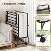 Folding bed with gel memory foam mattress, heavy-duty metal frame, and 4 casters for easy mobility and storage.