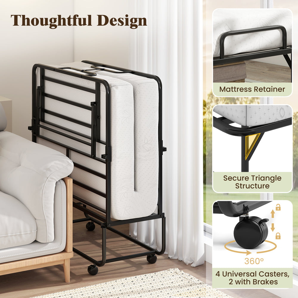 Folding bed with gel memory foam mattress, heavy-duty metal frame, and 4 casters for easy mobility and storage.
