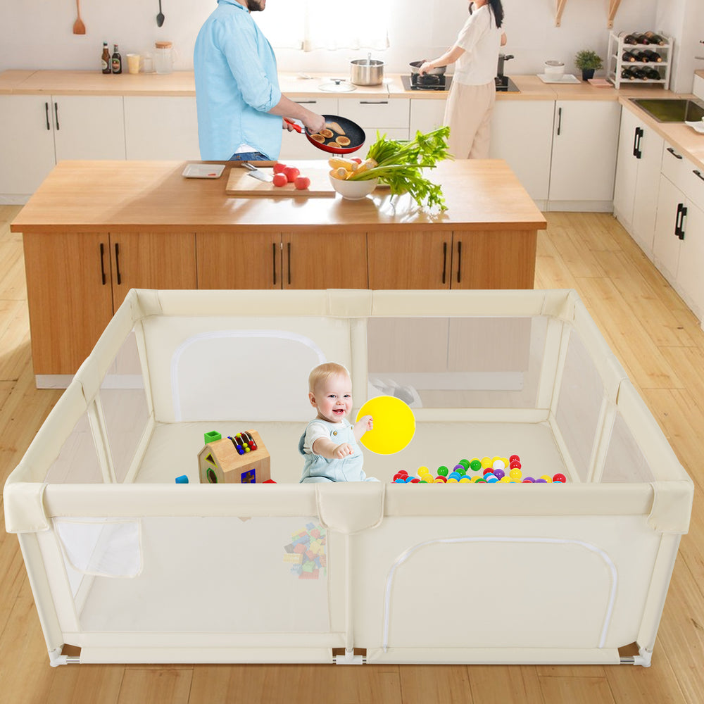 75 x 59 Inch Large Baby Playpen with Breathable Mesh and Zipper Doors-Beige - Gallery View 1 of 11