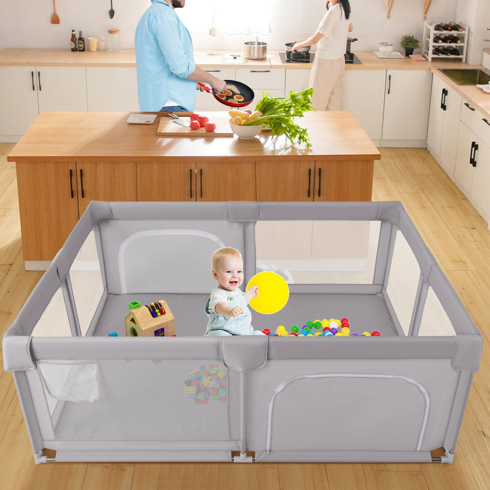 75 x 59 Inch Large Baby Playpen with Breathable Mesh and Zipper Doors-Gray - Gallery View 1 of 11