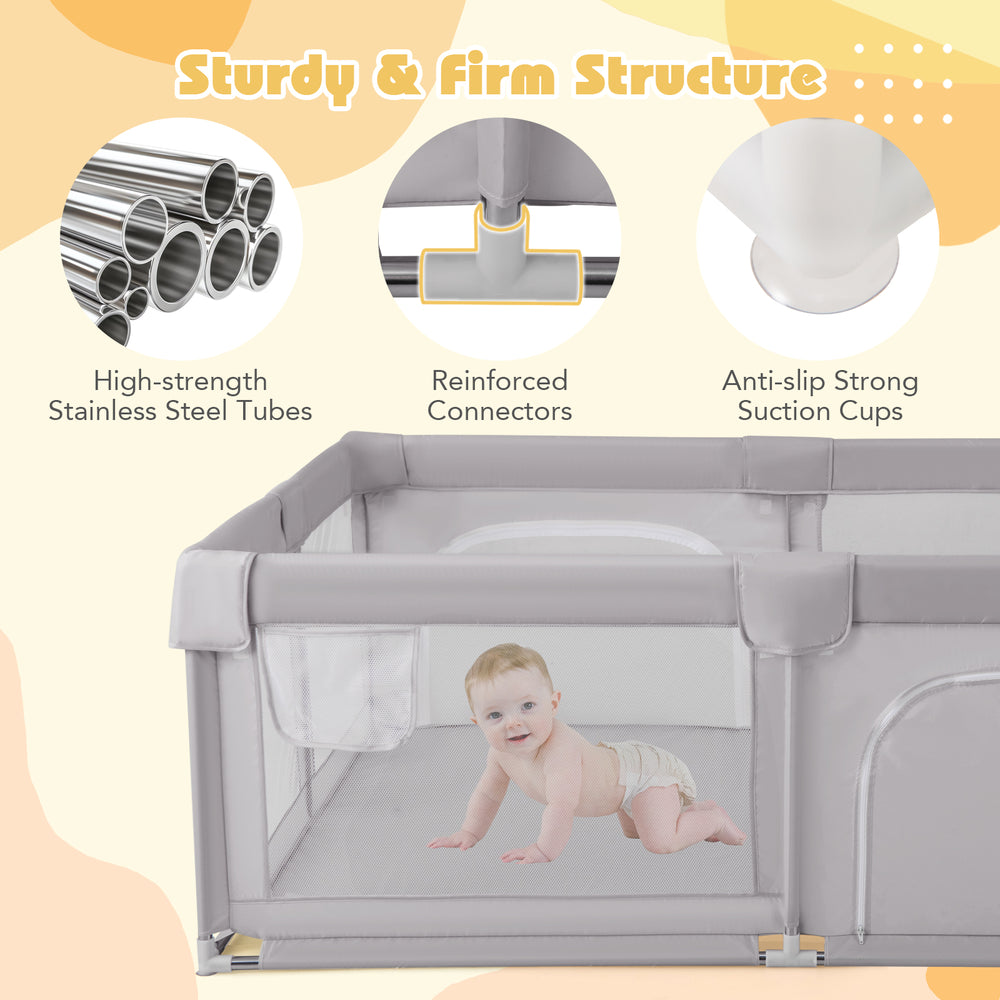 Large gray baby playpen with breathable mesh, zipper doors, and anti-slip suction cups for safe playtime.