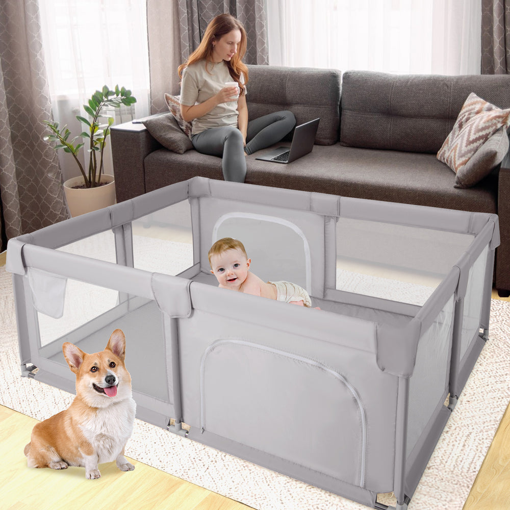 Large gray baby playpen with 360° breathable mesh and anti-slip suction cups, ensuring a secure and spacious play area.