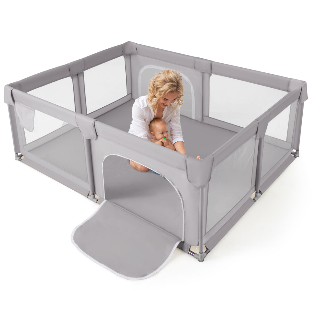Large gray baby playpen with breathable mesh and zipper doors, providing a safe play area for crawling and exploring.