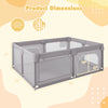 Large gray baby playpen measuring 75 x 59 inches with breathable mesh and zipper doors for safe playtime.