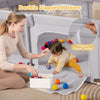 Large gray baby playpen with external zipper doors, breathable mesh, and colorful balls for safe play and exploration.