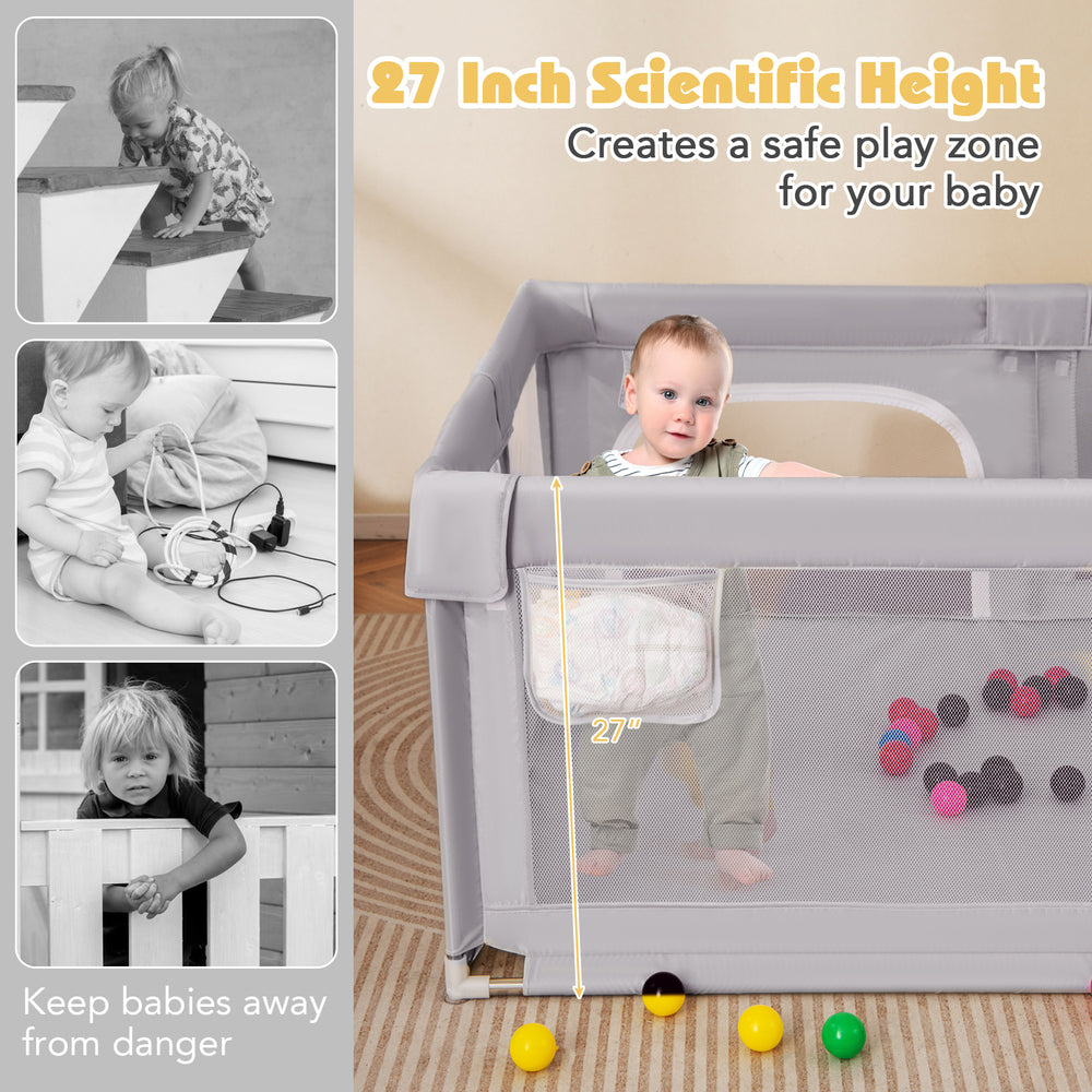 Large gray baby playpen with breathable mesh, 27" height, and external zipper doors for safety and easy access.