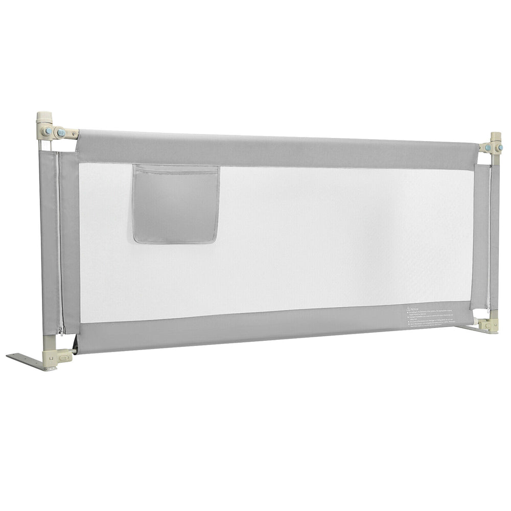 Gray 76.8-inch baby bed rail with double safety lock, breathable mesh, and height adjustment for secure sleep.
