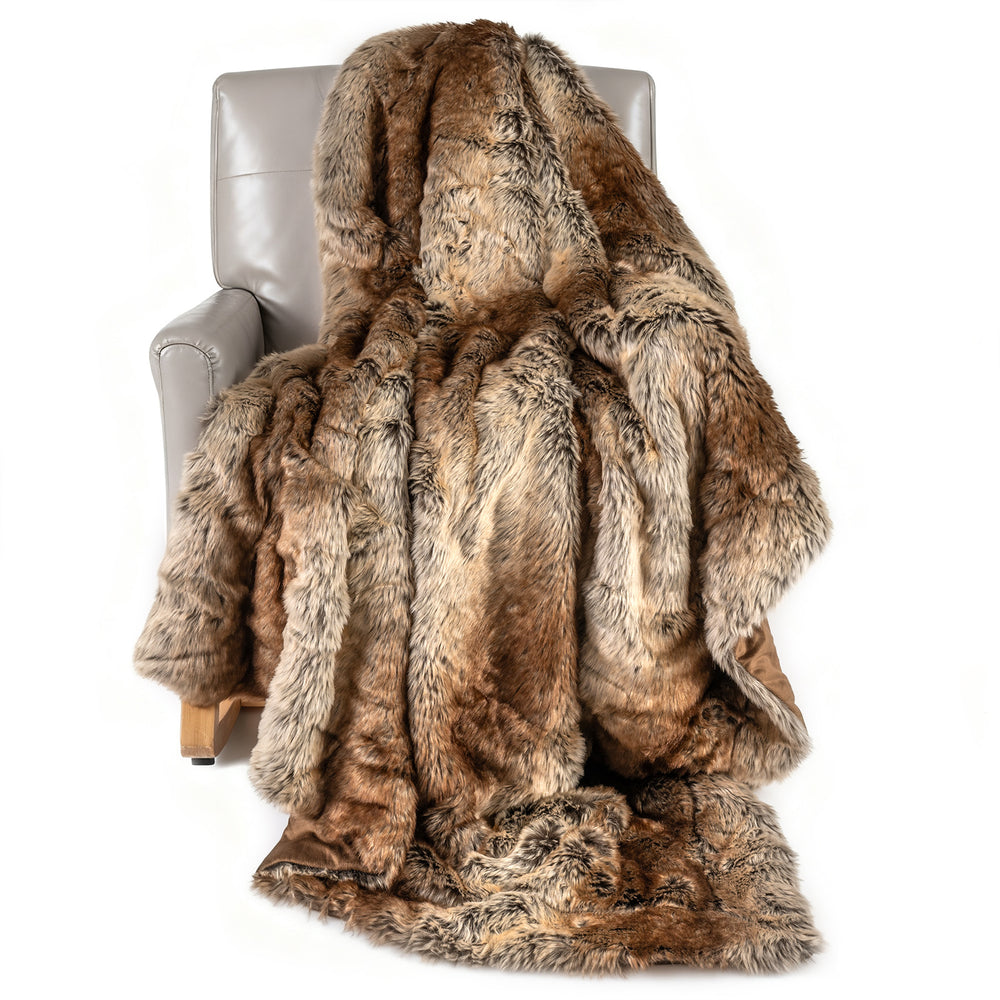 Luxury faux raccoon fur blanket draped over a chair, featuring double-sided design and soft texture for cozy warmth.