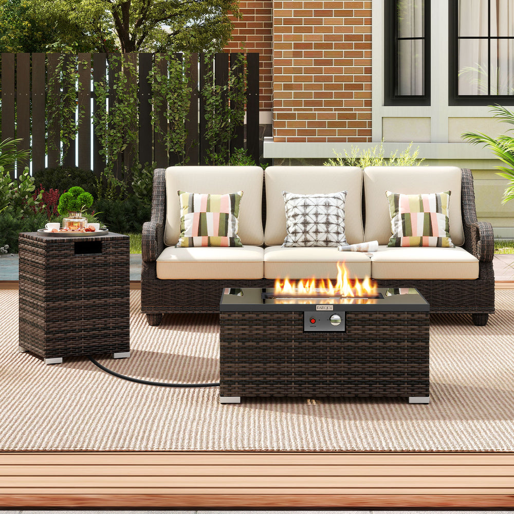 Outdoor rattan fire table set featuring a 32-inch gas firepit and tank cover, perfect for cozy gatherings.